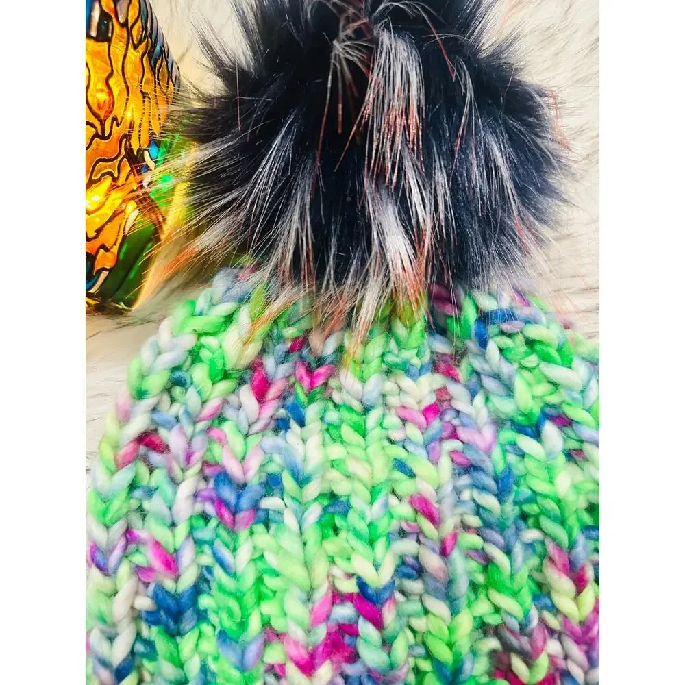 Hand Knit Merino Wool Beanie: DefiKnitly Tasteful Knit Hat with Faux Fur Pom
